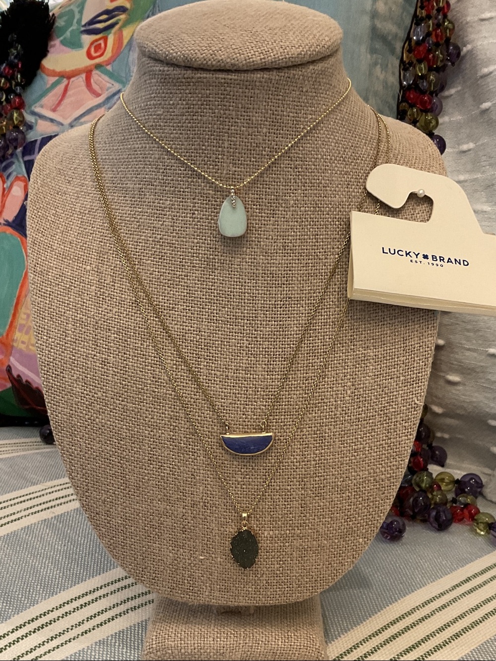 Lucky Brand Gold Layered Necklace with Aqua, Blue and Dark Green Pendants